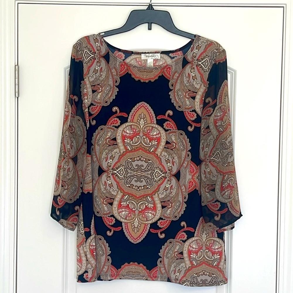 Dressbarn Paisley Sheer Sleeve Blouse Size L